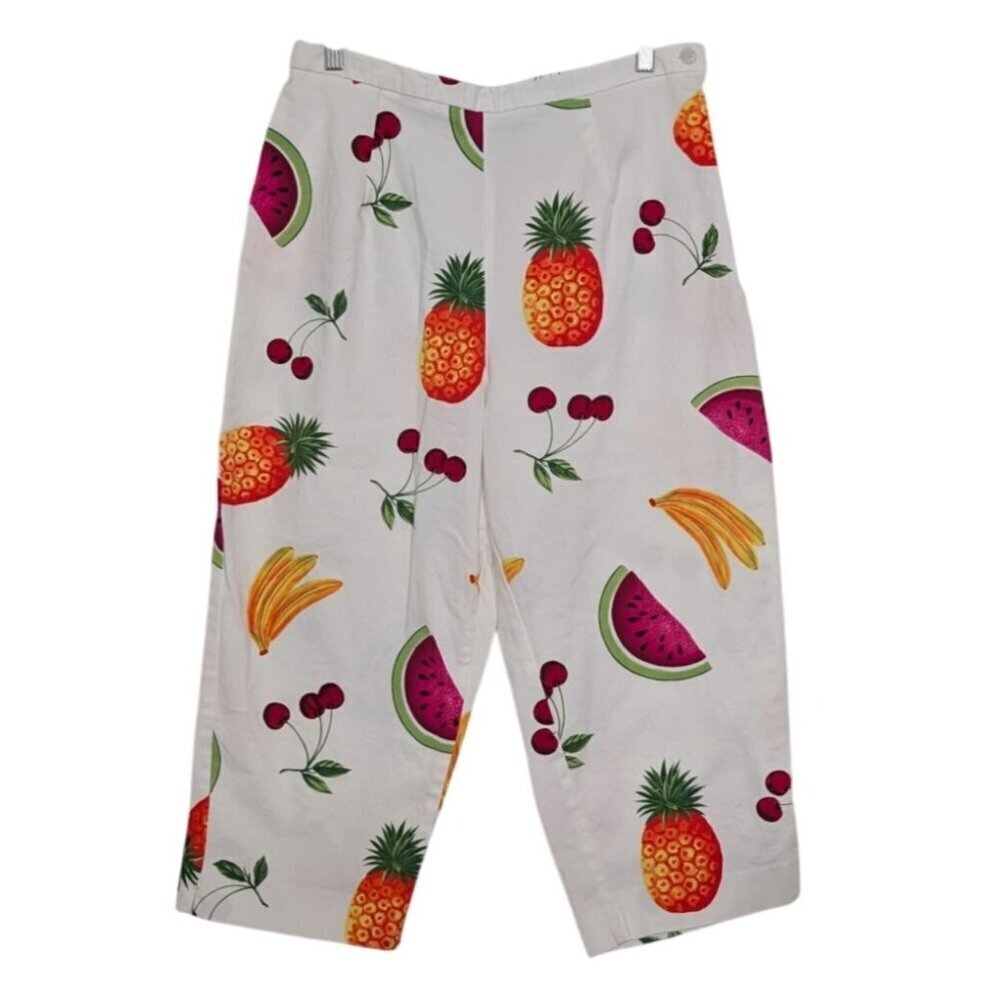 Vintage Fruit Cropped Pants Womens Size 14 White Kitsch Resortwear Tropical